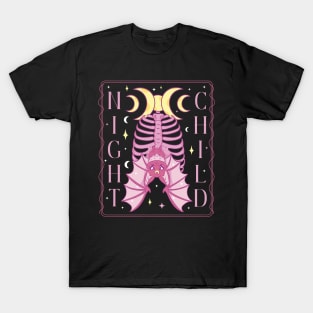 A bat hangs from a rib cage under the triple moon with the words night child occult witchcraft design T-Shirt